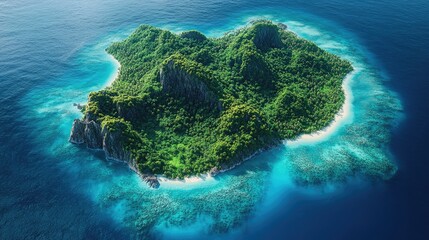 Aerial view of a lush, green island surrounded by vibrant turquoise waters and coral reefs