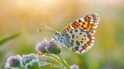 Fototapeta premium Dew-kissed butterfly perched on a flower at sunrise.