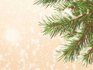 Festive Christmas Background with Snow-Dusted Pine Branches and Bokeh Lights