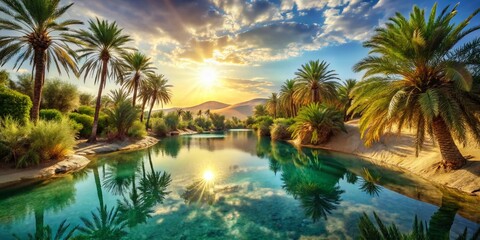 Fototapeta premium Lush Oasis in Desert Landscape, High-Definition Stock Photo