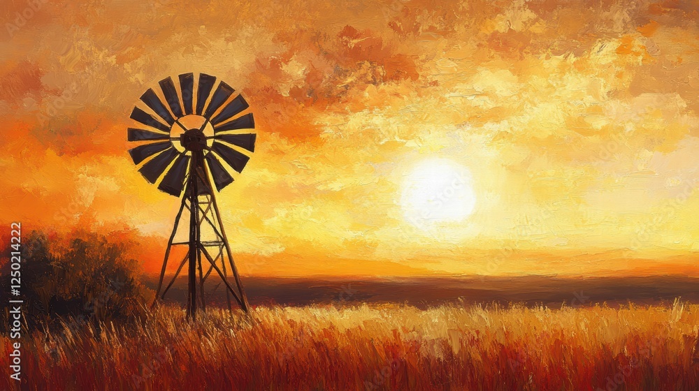 Poster sun setting behind a windmill in an open field during golden hour