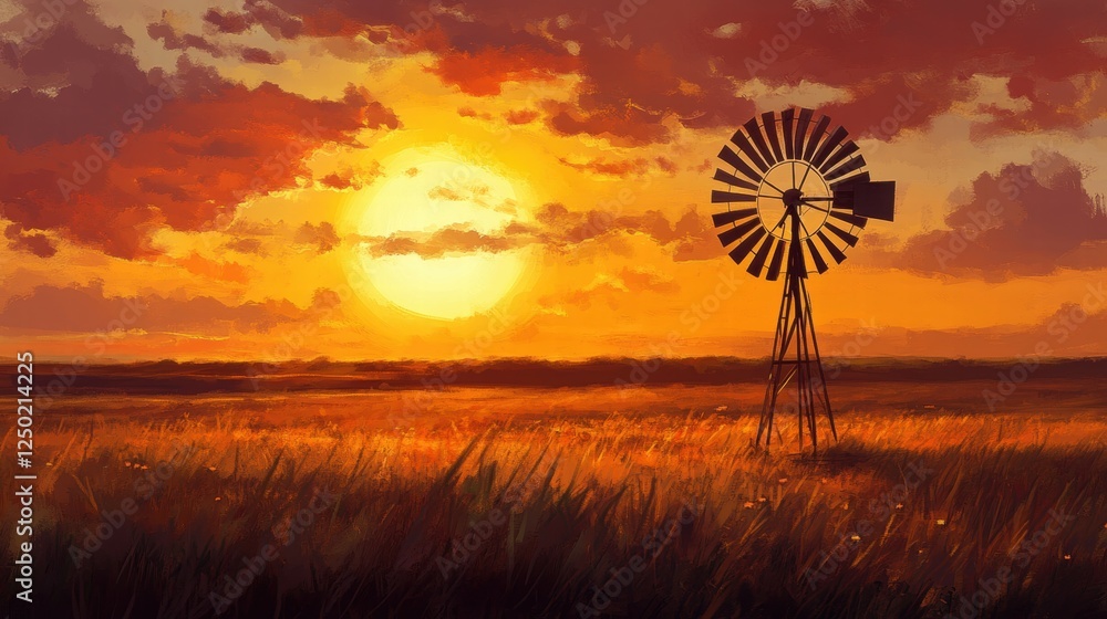 Poster sun setting behind windmill in open field at dusk with dramatic sky