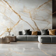 Luxurious Living Room Interior with Marble Walls and Floor, Modern Sofa and Golden Accents