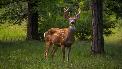 White Tailed deer fawn stands near flowers in a garden