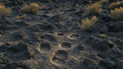 Close-up of ancient dinosaur footprints embedded in rocky terrain, surrounded by sparse vegetation, showcasing texture and depth. Prehistoric fossil tracks in natural environment, paleontology and geo