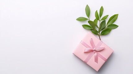 A beautifully wrapped pink gift box adorned with a ribbon and fresh green leaves on a white background
