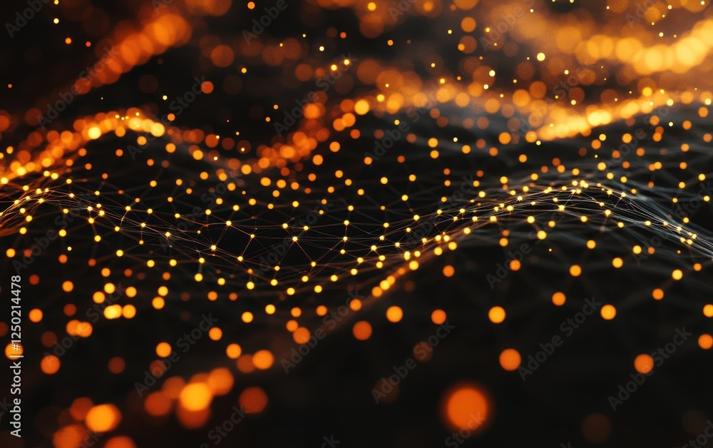 Poster abstract network connection with glowing orange nodes and bokeh on dark background.