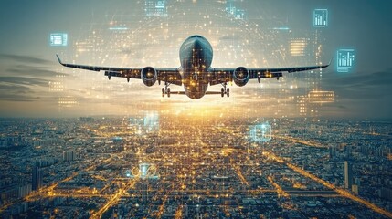 Aerial view of a modern airplane flying over a bustling city at sunset with digital overlays