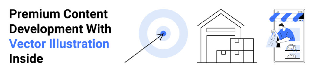 Bullseye target, warehouse with packages, storefront graphic. Ideal for e-commerce, logistics, marketing, business growth, design services, customer acquisition flat landing page banner