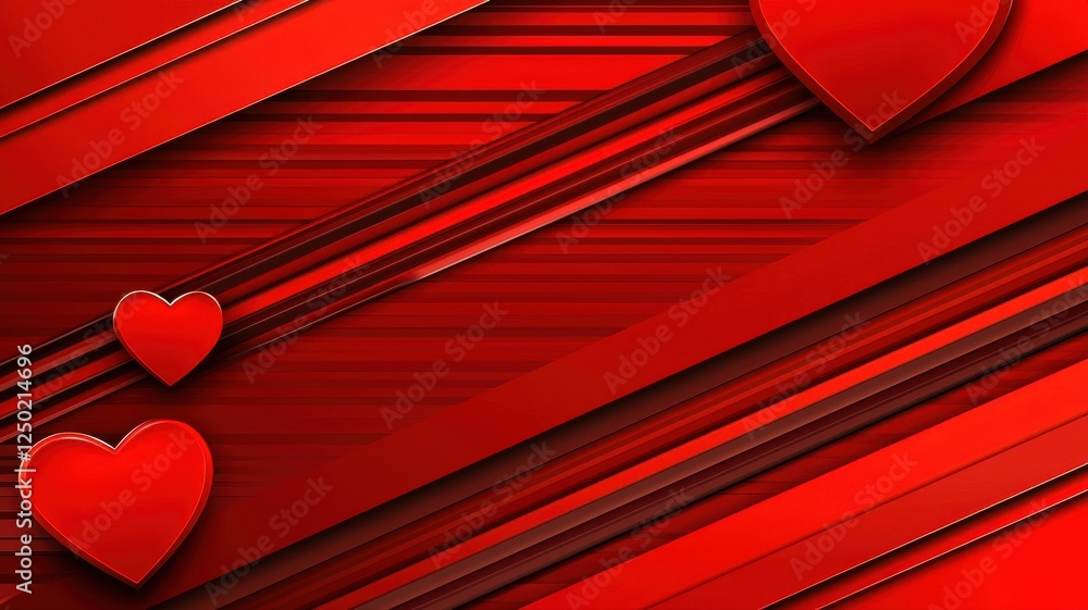 Poster Vibrant Red Background with Heart Shapes and Diagonal Lines Design