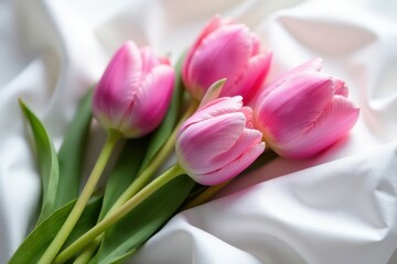 Obraz premium Delicate pink & violet tulips nestled on smooth white silk , botanical, wedding, design