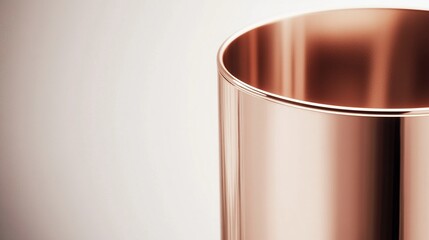 Close-up of the surface texture of an elegant rose gold solid metal cylinder, showcasing its smooth and reflective features against a plain background. 