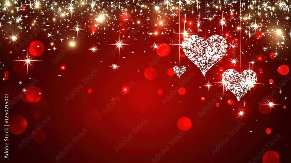 Aufkleber shimmering hearts with sparkles and bokeh lights on red background
