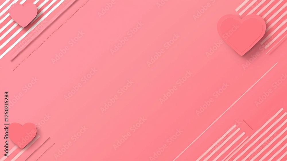 Poster soft pink background with floating hearts and striped design elements