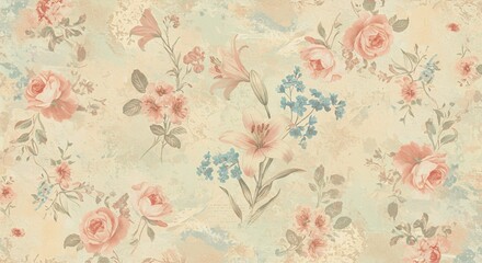 Elegant floral pattern featuring roses lilies and small blue flowers