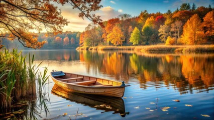 Obraz premium Tranquil autumn lake scene with rowboat in the background, natural, nature, natural, nature, tranquility, water, calm