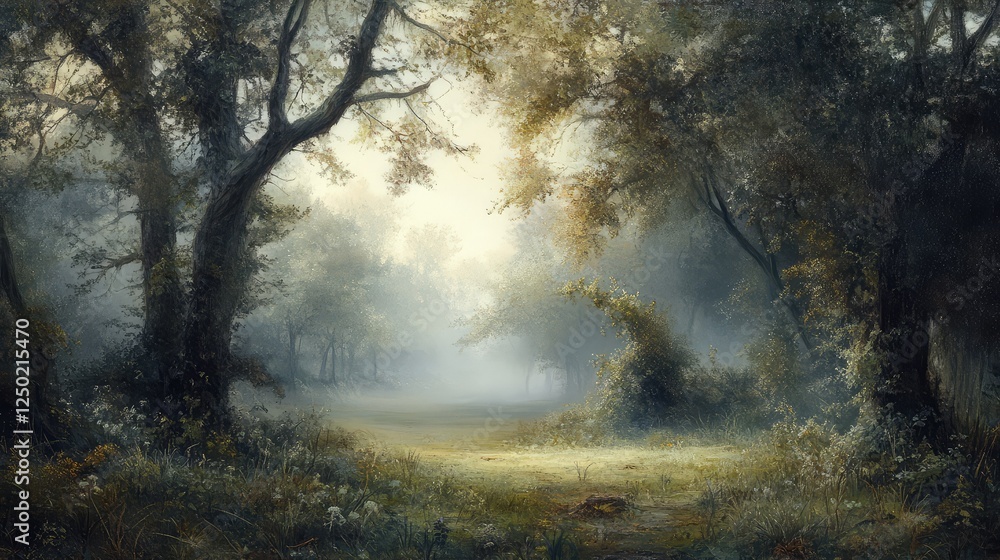 Poster serene forest scene with misty atmosphere showcasing lush greenery and sunlight filtering through tr