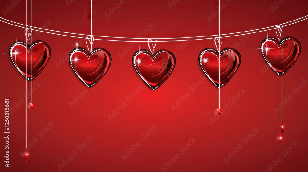 Poster red hearts on strings with shiny elements and festive background