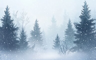 Naklejka premium Misty Winter Forest Landscape with Snowfall and Evergreen Trees