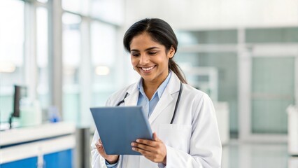 Smiling Young Indian female Physician Engaged with Digital Tablet in Healthcare Lab, looking at the camera
