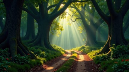 Sunlit Path Through a Mystical Forest of Ancient Trees