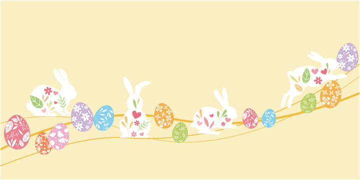 Happy easter illustration decoration with natural elements, eggs and bunnies. Decorative Happy easter background. Vector illustration.