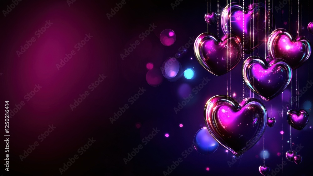 Aufkleber colorful hearts hanging on strings with sparkling lights background