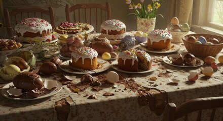 Fototapeta premium Abundant table filled with Easter treats and celebratory foods
