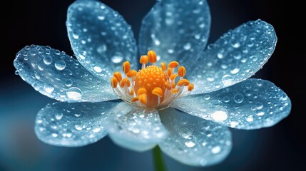 Fototapeta premium Close-up of a delicate flower with dew drops glistening on its petals against a dark background