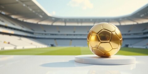 Golden Soccer Ball on Pedestal in Stadium Setting