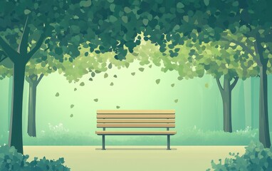Serene Park Bench Under Green Trees A Relaxing and Peaceful Nature Scene Illustration.