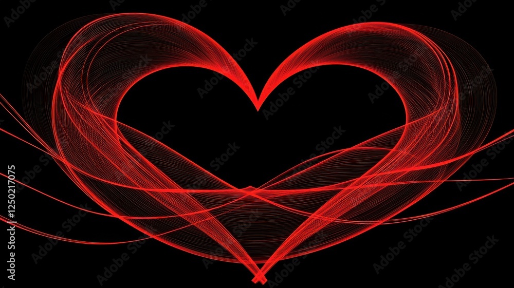 Poster red heart shape with light trails and abstract design on black background