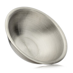 Metal new cup, insulated on a white background. Children's toy dishes. An empty stainless steel salad bowl. Chrome-plated cookware. Eco-friendly kitchen utensils