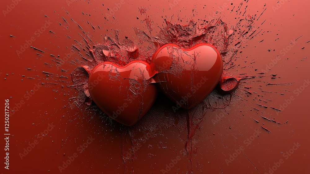 Poster Two Shiny Red Hearts with Explosive Background and Texture Effects