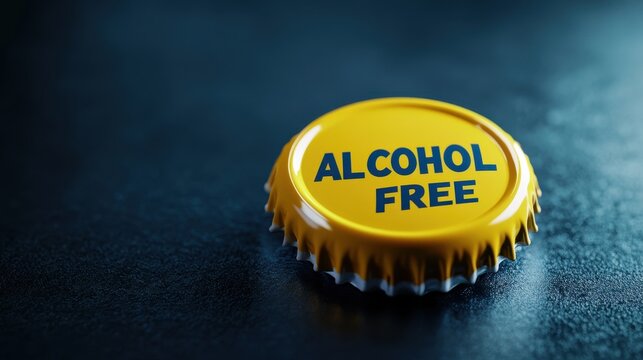 Bright Yellow Bottle Cap with 'Alcohol Free' Text Promoting Sober Choices and a Healthy Lifestyle