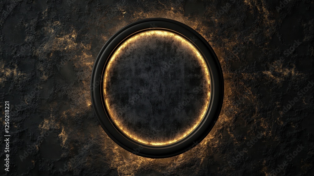 Poster abstract black and gold textured background with illuminated circular frame - copy space.