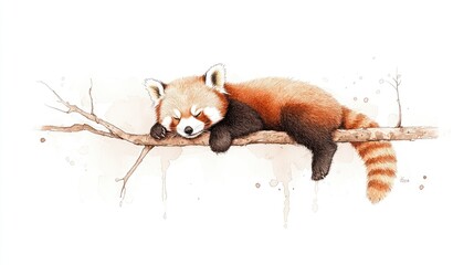 Obraz premium A tranquil red panda peacefully sleeping on a branch amidst a serene, watercolor background