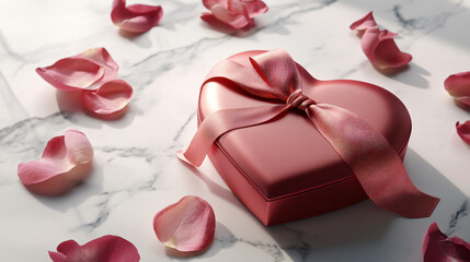A heart-shaped gift box adorned with a ribbon and surrounded by delicate rose petals.