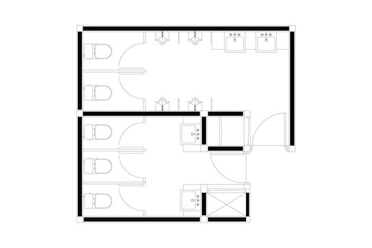 2 dimension of layout public toilet gent and ladies of interior design plan, black lines on white background. Set 1