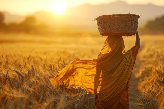 Indian farm woman walking homeward at golden hour, worn cotton sari flowing gently, carrying traditional harvest basket on head, surrounded by vast wheat fields