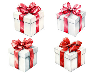 Obraz premium Watercolor Gift Boxes with Red Ribbons