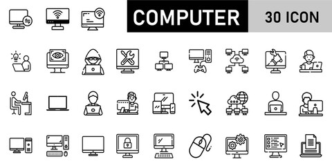 Minimalist Computer Icon Pack | 30 Outline Vector Icons, Editable stroke. 