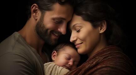 Fototapeta premium Joyful Moments: Loving Couple Holding Newborn Baby with Overwhelming Happiness and Affection