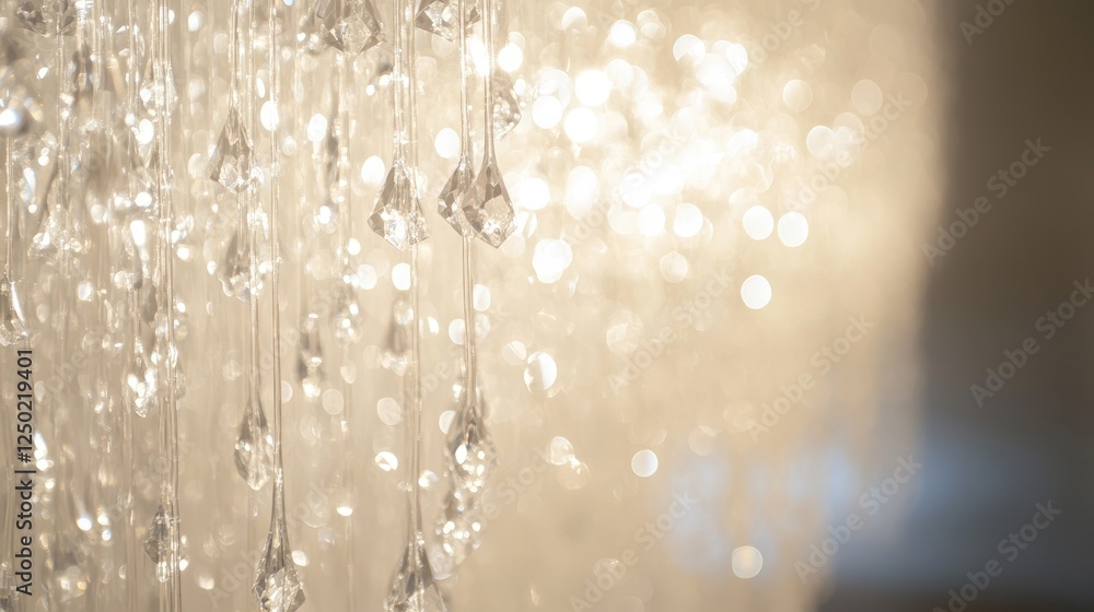 Poster elegant crystal chandelier close-up with sparkling bokeh background.