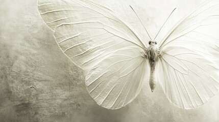 Ethereal White Butterfly with Delicate Wings Showcasing Intricate Veins Against a Soft Neutral Background for Nature, Beauty, and Transformation Themes