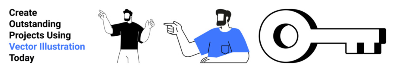 Two people in minimalistic design pointing at a large key, signifying collaboration, growth, solutions, innovation, teamwork, creativity, and unlocking potential. Ideal for flat landing page banner