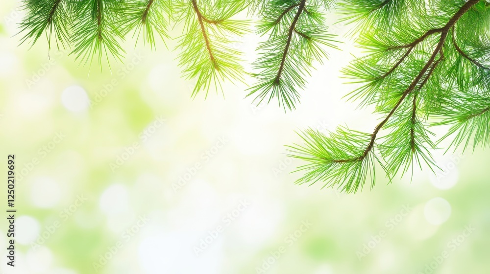 Poster fresh green pine branches on abstract bokeh background with copy space