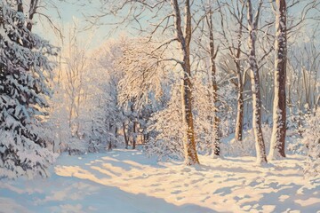 Obraz premium Impressionistic Winter Forest Landscape Painting with Sunlight and Snow Covered Trees