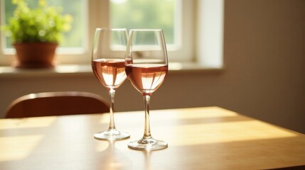 Sunlight illuminates two glasses of ros? wine on a wooden table