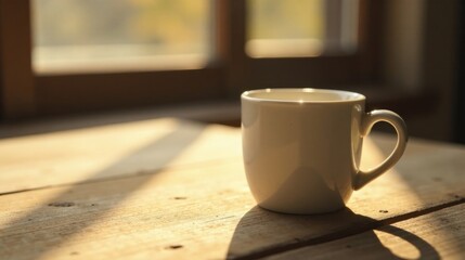 Fototapeta premium Morning sunlight illuminates a simple white mug resting on a rustic wooden surface